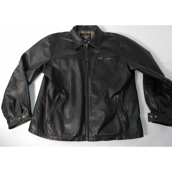 Junction West Leather Jacket Mens XL Black Flannel Lined Zip 90s Vtg READ - Picture 1 of 16